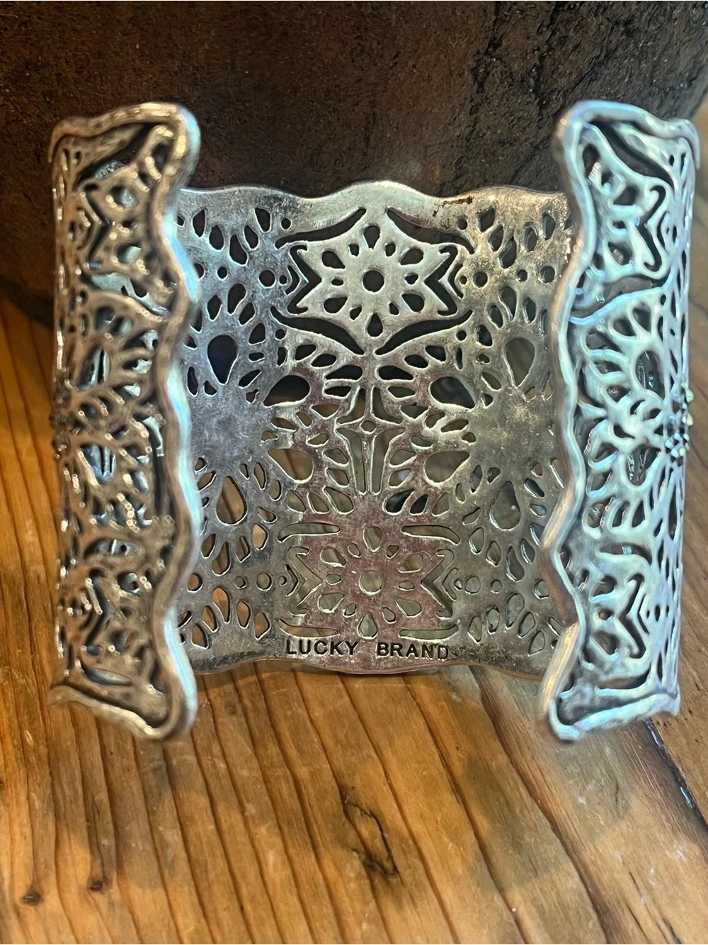 Lucky Brand Silver Filigree Floral Cuff Bracelet with Black Crystals